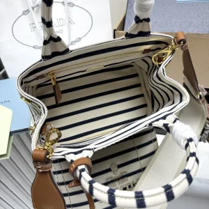 Prada Striped Canvas Tote Medium White Black Gold Hardware