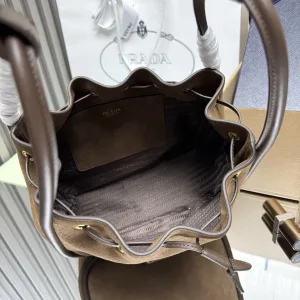 Prada Suede Bucket Bag Medium Taupe Gold Hardware