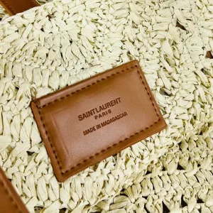 Saint Laurent Raffia Basket Tote Bag Large Blue Gold Hardware Exact Size Unknown 004