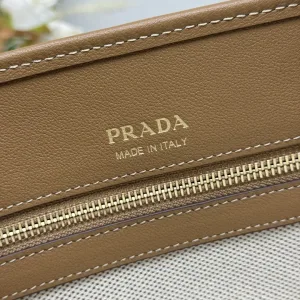 Prada Canvas Top Handle Medium White Brown Gold Hardware