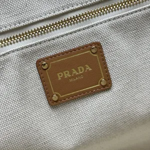 Prada Canvas Tote Medium White Brown Gold Hardware
