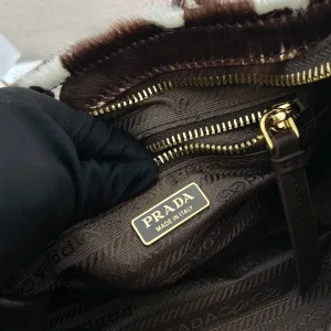 Prada Pony Hair Barrel Bag Small Brown White Gold Hardware