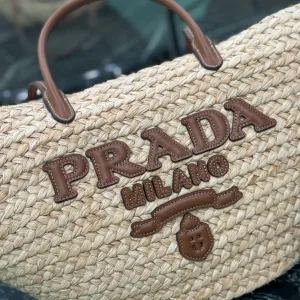 Prada Raffia Logo Tote Medium Natural Brown Gold Hardware