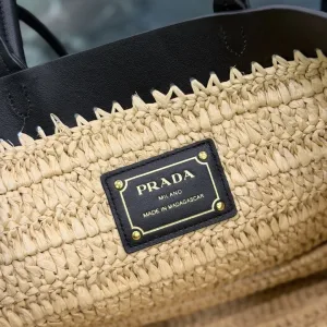 Prada Raffia Logo Tote Small Natural Black Gold Hardware Variant 2