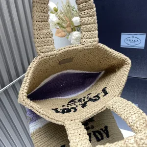 Prada Raffia Logo Tote Small Natural Purple Gold Hardware