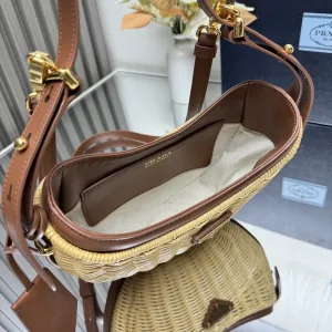 Prada Raffia Moon Bag Medium Natural Brown Gold Hardware