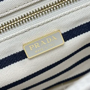 Prada Striped Canvas Tote Medium White Black Gold Hardware