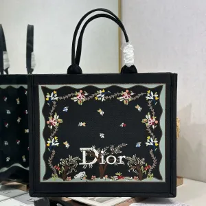Dior Book Tote Large 42cm Black Floral Embroidery