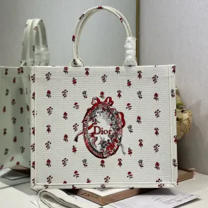 Dior Book Tote Large 42cm Ivory Red Embroidery