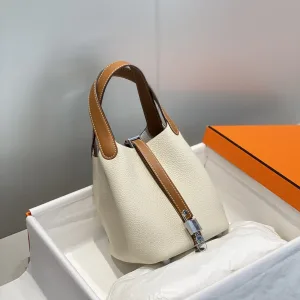 Hermes Picotin Lock Small White Brown 18cm