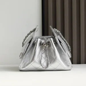 Chanel 25 Drawstring Bucket Silver Metallic Lambskin Silver Hardware Small