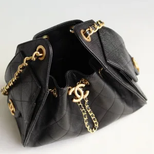 Chanel 25 Drawstring Bucket Black Lambskin Gold Hardware Small