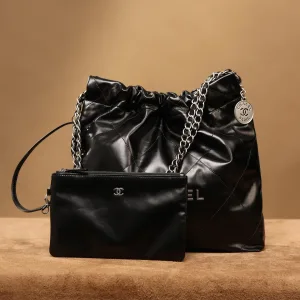 Chanel 22 Drawstring Bag Black Patent Silver Hardware Small 1